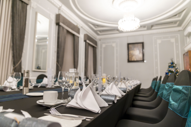 A room set up for dinner